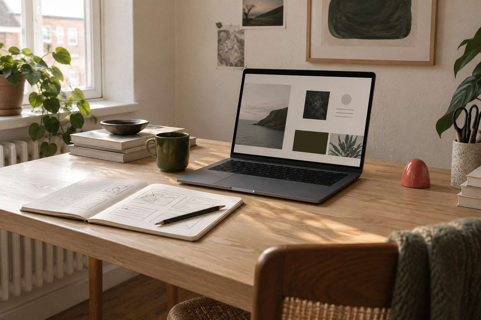 Et lille, personligt webværksted med laptop og skitser